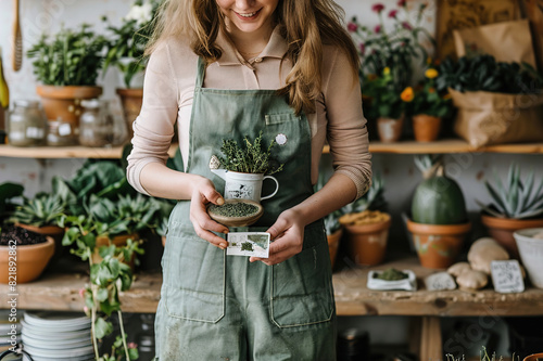 Woman holding seed packet, planning garden layout with anticipation of future blooms. photo