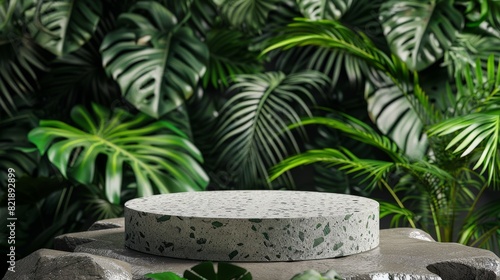 The mockup showcases a round gray stone podium against a vibrant tropical leaves background  creating a natural and sophisticated setting for displaying cosmetics products.