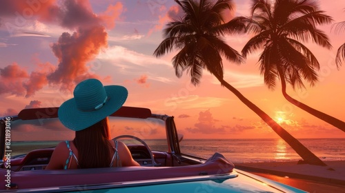 Woman in a hat driving a convertible car, enjoying a stunning beach sunset with palm trees and vibrant skies. © FlyingWeed_AI