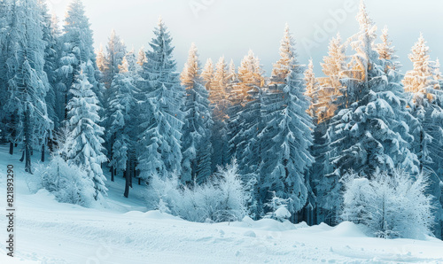 Snow-Covered Pine Trees on Winter Hill at Sunrise with Idyllic Winter Setting and Snowy Landscape