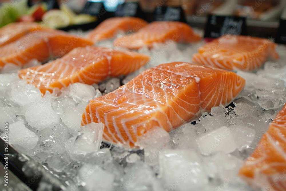 Tender seasoned salmon fillet on ice Fresh fish in the store 