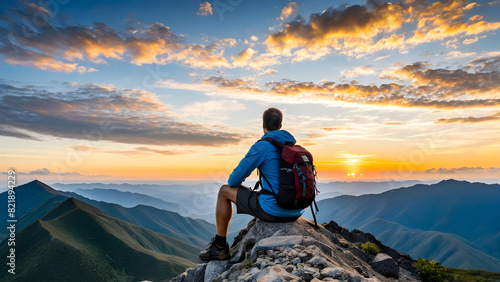 Man at the top of mountain, magnificent mountain view, ai generated