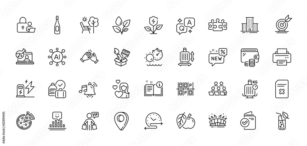 Time schedule, Eco power and Target goal line icons pack. AI, Question and Answer, Map pin icons. Arena stadium, Verification document, New web icon. Apple, Champagne, Alarm sound pictogram. Vector