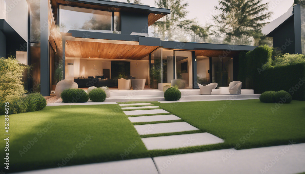 Exterior View of Contemporary House with Manicured Lawn Exterior View of Contemporary House with Manicured Lawn