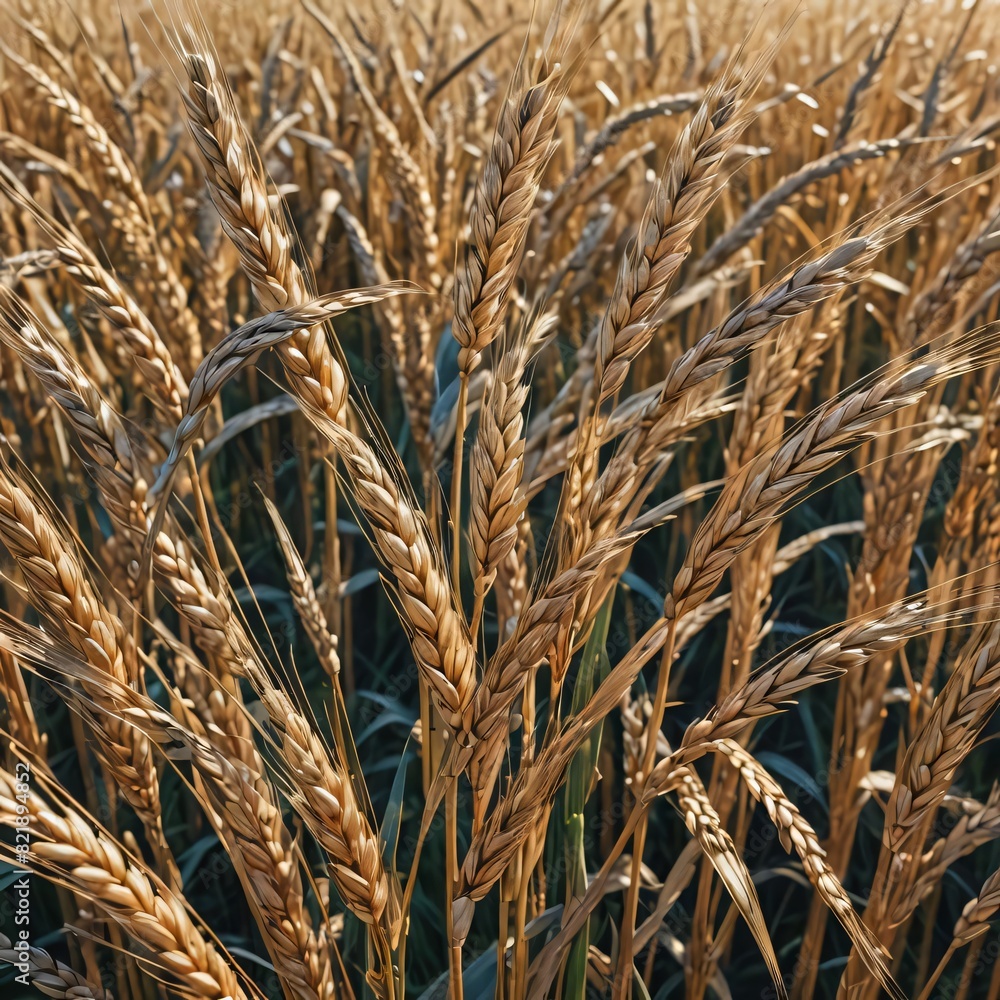 close-up image of ears of wheat field in the sun's rays