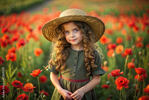 Spring flowering. Portrait of a beautiful curly-haired girl in a straw hat and dress in a blooming field of red poppies. Childhood. The girl poses and looks at the camera. © Юлия Клюева