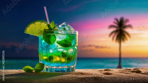 Art summer tropical beach wine bar; mojito cocktail drink 