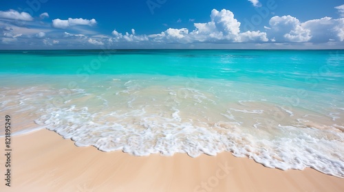 Serene beach scene with golden sand and turquoise waters stretching to the horizon, inviting relaxation and tranquility.