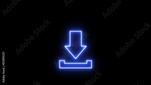 Neon Download button icon, arrow symbol. Glowing neon download sign, Neon bright download on black background.