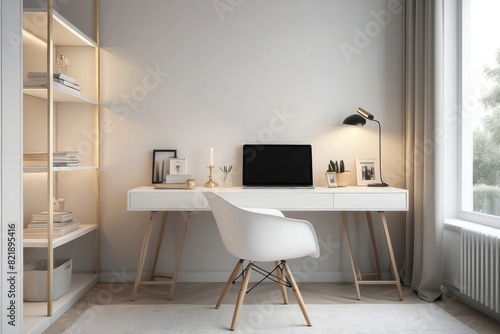 Frosty White Study Room Design With Cream Upholstered Chair