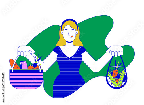 European woman holding reusable bags with food line cartoon flat illustration. Caucasian female customer 2D lineart character isolated on white background. Overconsumption scene vector color image