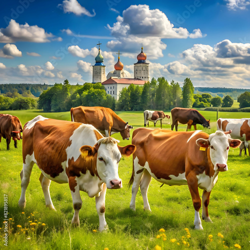 Russia. Republic of Khakassia. A herd of purebred cows graze in the endless steppe. photo