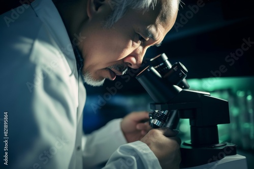 middle aged doctor working with microscope in laboratory photo