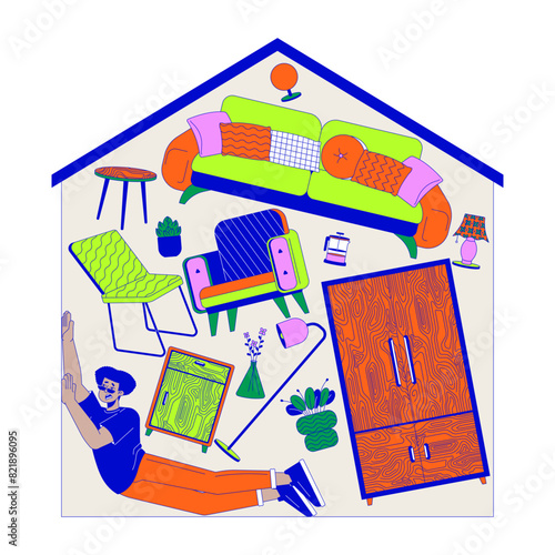 Latin american man buried under belongings at home 2D linear illustration concept. Hoarding disorder cartoon scene background. Overconsumption problem metaphor abstract flat vector graphic