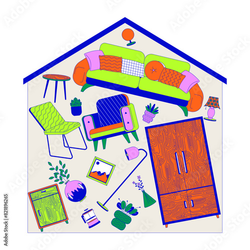 House overloaded with belongings 2D linear illustration concept. Messy home. Domestic stuff at home cartoon scene background. Overconsumption problem metaphor abstract flat vector graphic