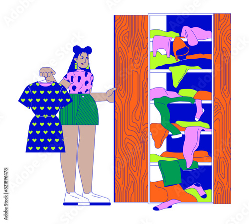 Displeased latina woman at wardrobe line cartoon flat illustration. Hispanic female near full closet 2D lineart character isolated on white background. Overconsumption scene vector color image