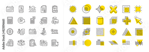 Set of Calculator, Check investment and Report icons. Design shape elements. Accounting line icons. Calendar, Banking account and Finance accounting report document. Vector