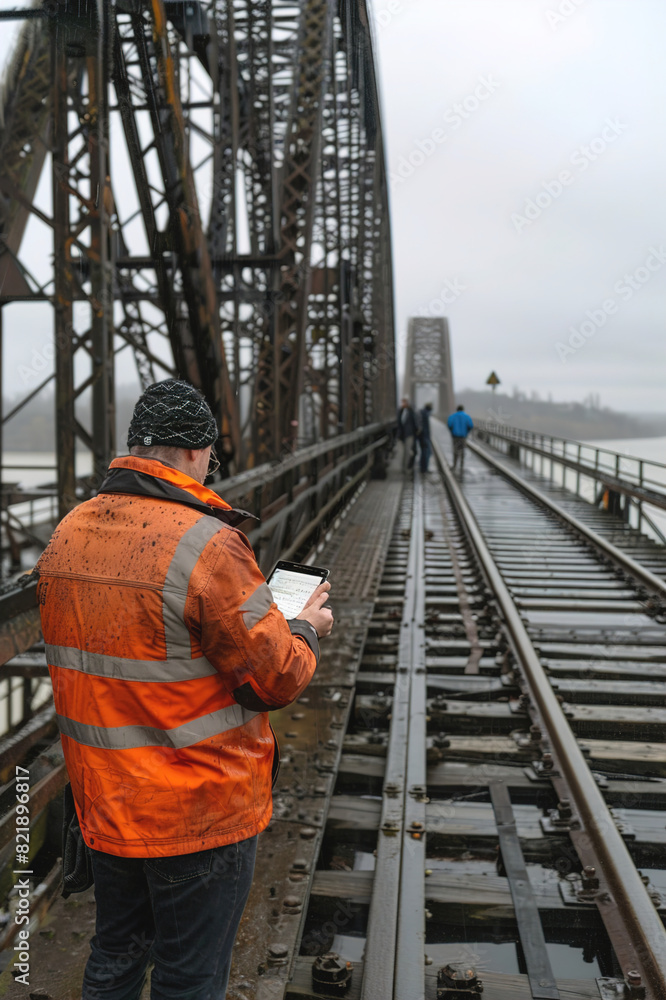 Engineer inspecting structural sensors in bridge, monitoring integrity and safety for public infrastructure. Engineer inspecting structural sensors in bridge, monitoring integrity and safety for public infrastructure.