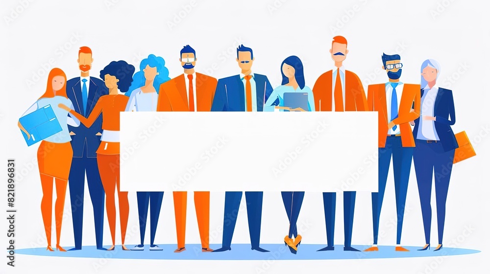 A group of diverse business professionals standing together and holding a blank banner A group of diverse business professionals standing together and holding a blank banner