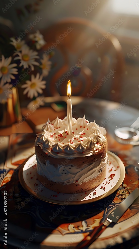 A cake with a candle in it, placed on a table for enjoying birthday party 