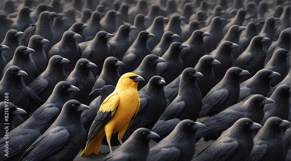 Obraz premium A single yellow crow among a crowd of black crows, concept of standing out from the crowd as a leader, unique identity concept, realistic style,