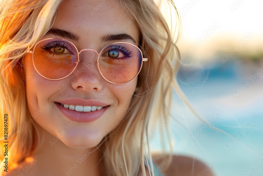 Smiling Woman Wearing Orange Sunglasses by the Beach at Sunset - Summer Fun and Fashion Stock Photo Smiling Woman Wearing Orange Sunglasses by the Beach at Sunset - Summer Fun and Fashion Stock Photo