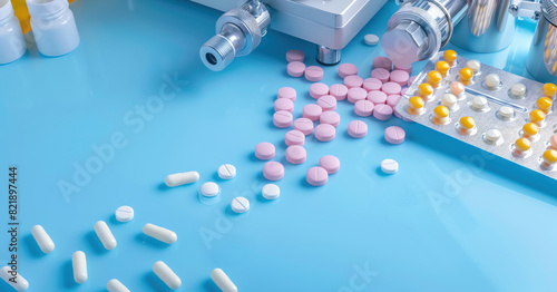A highresolution image of a bulk drug manufacturing assembly line, with automated machinery packaging large quantities of tablets and capsules in a sterile environment