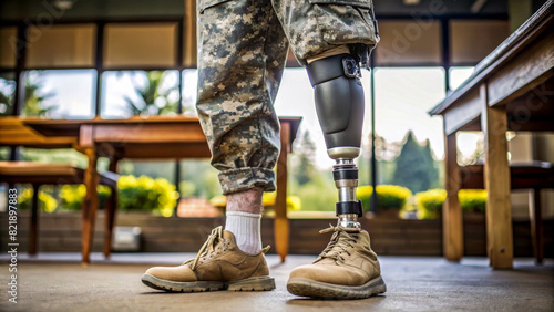 Disabled military man with prosthetic leg. High tech artificial foot. Lifestyle of people with disabilities after army and war. photo