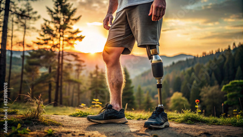 Disabled young man with prosthetic leg at nature. High tech artificial foot. Lifestyle of people with disabilities.