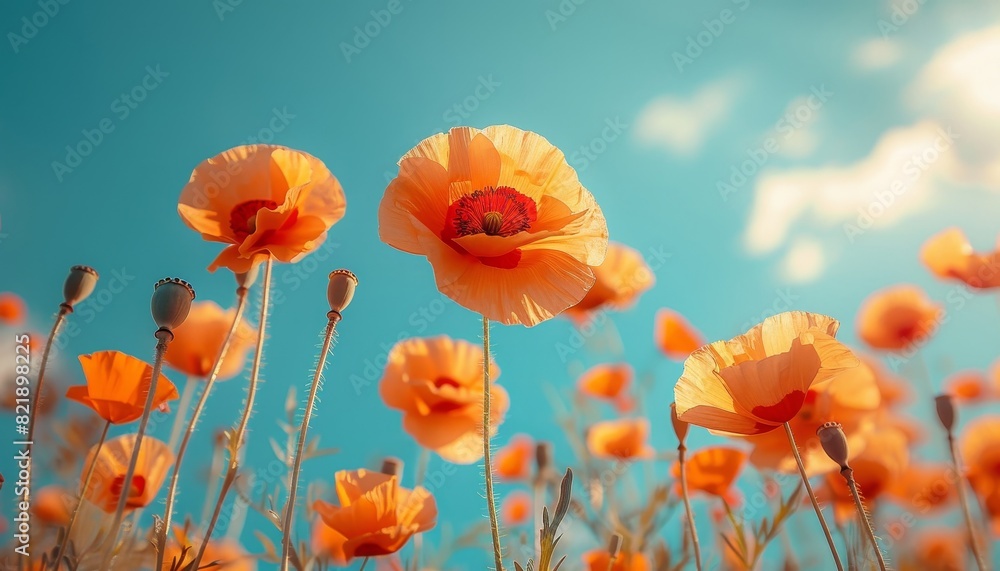 Obraz premium orange poppy flowers on blue sky background