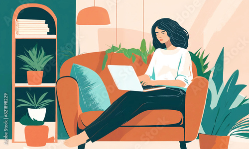 woman sitting in a chair and working on a laptop, home office, work from home, freelance, young girl studying at home, vector illustration