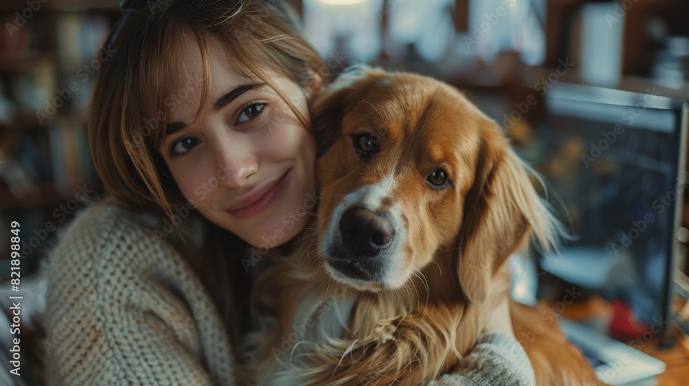A woman smiling warmly while hugging her adorable golden retriever in a cozy indoor setting.