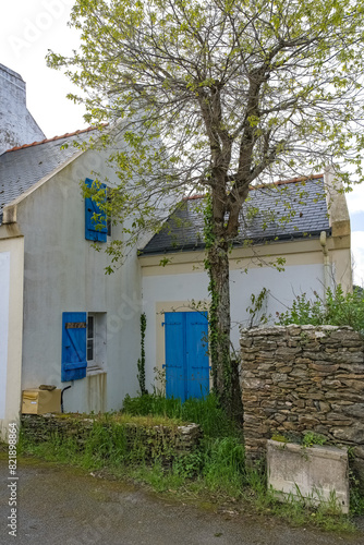 Locmaria in Belle-Ile, Brittany, typical street in the village, colorful houses
