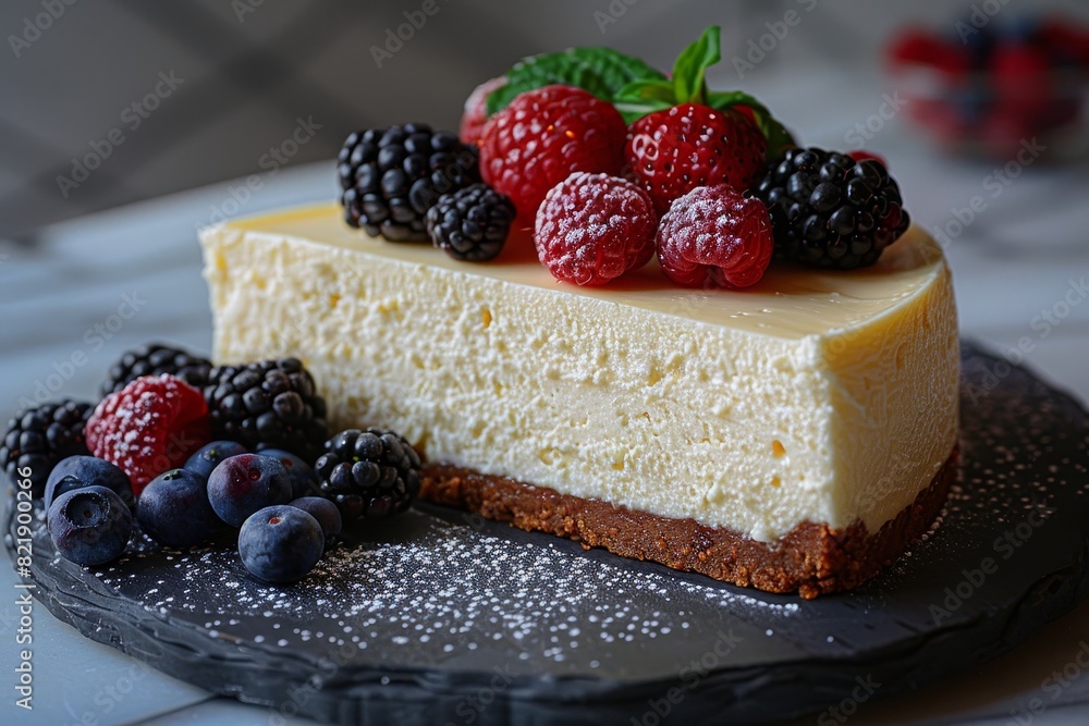 Ricotta Cheesecake: A slice of light and creamy ricotta cheesecake, possibly garnished with fresh berries. Ricotta Cheesecake: A slice of light and creamy ricotta cheesecake, possibly garnished with fresh berries.