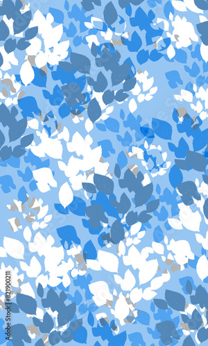 Postcard with blue spots leaves on white geometric background, birthday, for invitation, holiday, pattern, beautiful illustration, frame, greetings card, congratulation