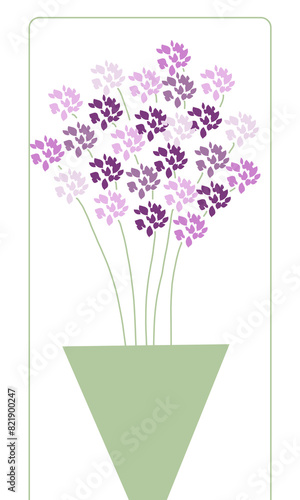 Beautiful card with abstract purple flowers in vase for holiday, birthday, invitation, floral pattern, nice background, cute spring illustration, frame, greetings card, congratulations, postcard 