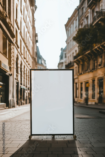 A blank empty canvas poster screen board hanging on a wall at a walkway 