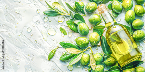 Bottle of organic olive oil with fresh green olives and olive branches on light, textured background, highlighting purity and natural origins. Concept of health benefits, and Mediterranean diet photo