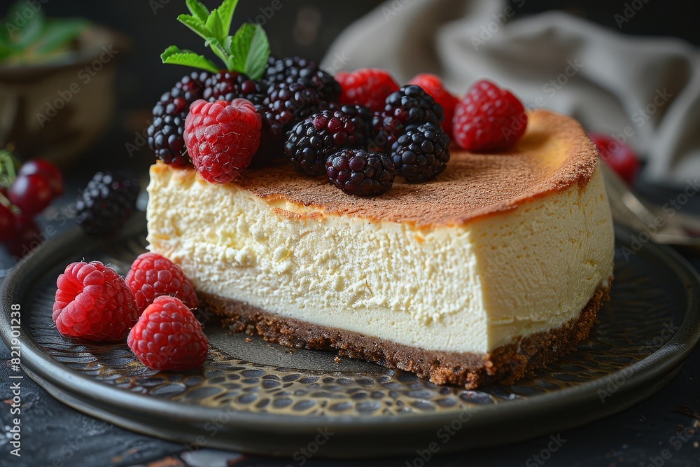 Ricotta Cheesecake: A slice of light and creamy ricotta cheesecake, possibly garnished with fresh berries. Ricotta Cheesecake: A slice of light and creamy ricotta cheesecake, possibly garnished with fresh berries.
