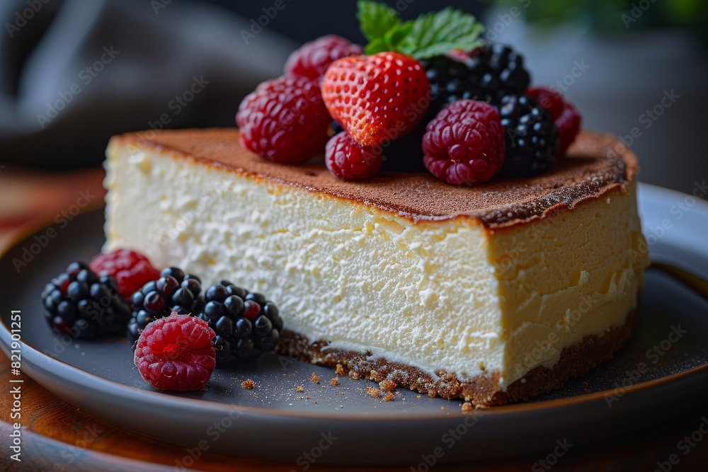 Ricotta Cheesecake: A slice of light and creamy ricotta cheesecake, possibly garnished with fresh berries. Ricotta Cheesecake: A slice of light and creamy ricotta cheesecake, possibly garnished with fresh berries.