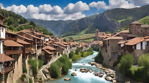 Medieval village of Potes with hanging houses and Deva river, Cantabria, Spain. photo