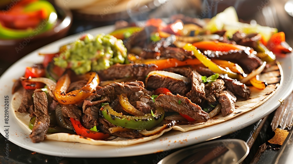 Sizzling plate of beef fajitas served on a white platter, accompanied by grilled onions and peppers, warm tortillas, and zesty guacamole for a Tex-Mex feast.