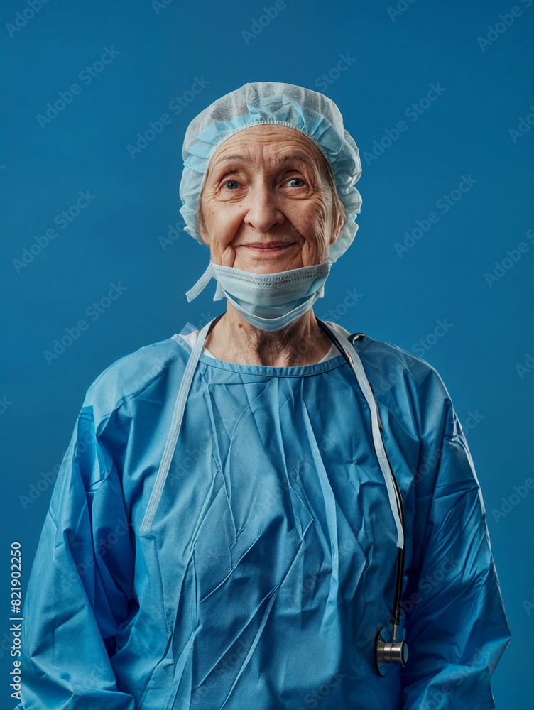 Portrait of a surgeon. Portrait of a elderly female doctor in a medical gown on a dark background. Medical specialist in the clinic. Portrait of a surgeon. Portrait of a elderly female doctor in a medical gown on a dark background. Medical specialist in the clinic.