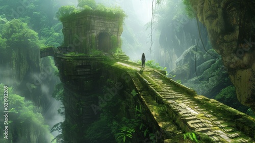 A mysterious jungle scene with ancient ruins overgrown by lush greenery and a lone explorer standing on an old stone pathway. © Zhanna