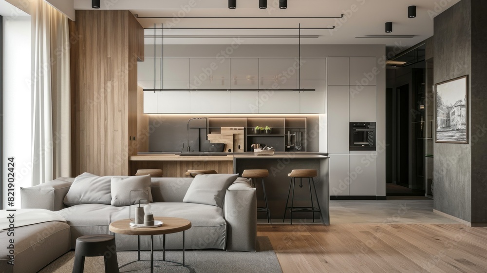 Modern kitchen area attached to the living room and dinner area Modern kitchen area attached to the living room and dinner area