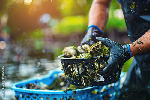 Harvesting fresh oysters in aquaculture farm, sustainable seafood practices.