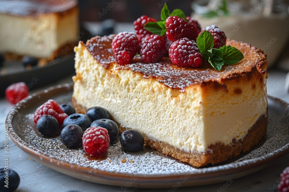 Ricotta Cheesecake: A slice of light and creamy ricotta cheesecake, possibly garnished with fresh berries. Ricotta Cheesecake: A slice of light and creamy ricotta cheesecake, possibly garnished with fresh berries.