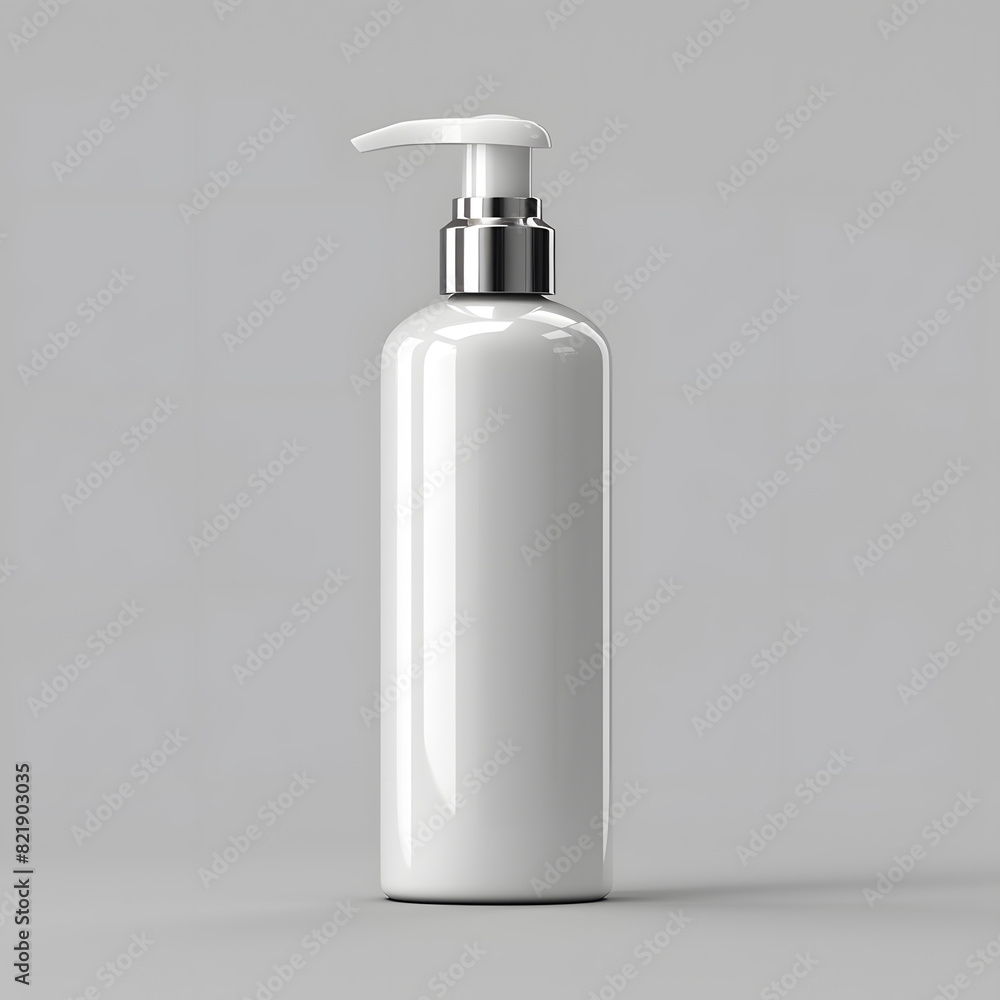 White cosmetic bottle of hair shampoo or lotion with dispenser mock up, isolated on light background White cosmetic bottle of hair shampoo or lotion with dispenser mock up, isolated on light background