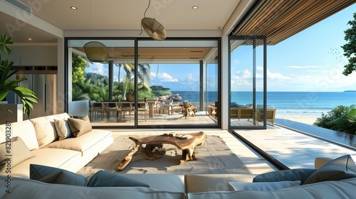 A modern living room with an ocean view