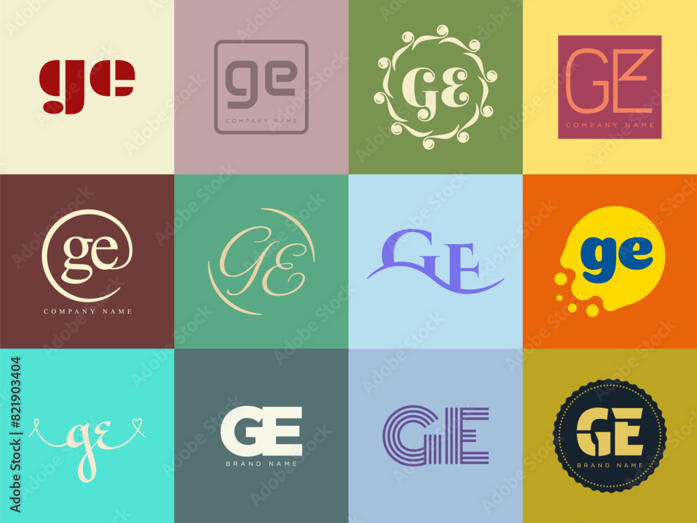 GE logo company template. Letter g and e logotype. Set different classic serif lettering and modern bold text with design elements. Initial font typography. GE logo company template. Letter g and e logotype. Set different classic serif lettering and modern bold text with design elements. Initial font typography.